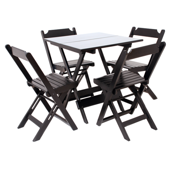 CONJUNTOS MESA DOBRÁVEL 70 X 70 PRETA E 4 CADEIRAS RIPADAS
